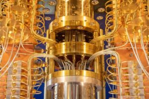 A close up view of the IBM Q quantum computer